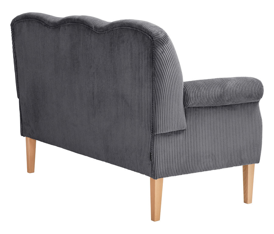 Graues Kordsofa mit Armlehnen und Holzbeinen von hinten.