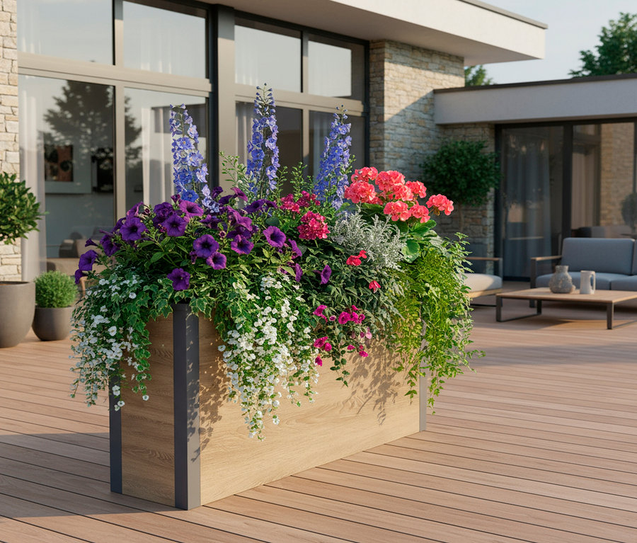 Blumenkasten mit Einlegeboden in Holzoptik, Höhe ca. 52cm, gefüllt mit bunten Blumen auf einer Terrasse.