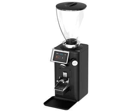 Eine Ceado E37J Kaffeemühle in Schwarz steht auf einer weißen Oberfläche.
