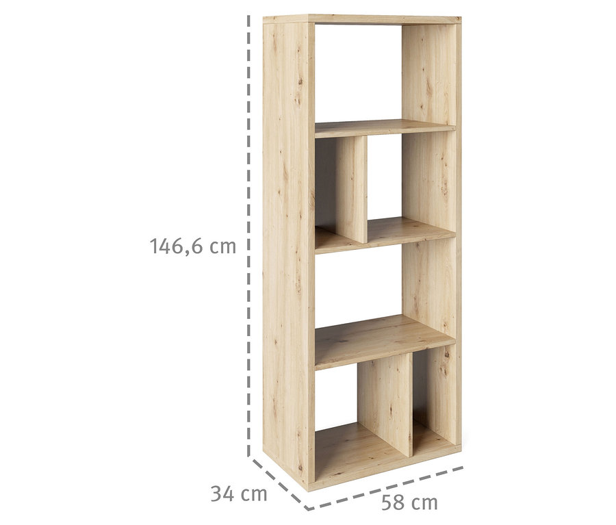 Das Roba Regal »Fortuna« mit 6 Fächern in Artisan-Eichenoptik ist abgebildet. Es hat eine Höhe von 146,6 cm, eine Breite von 58 cm und eine Tiefe von 34 cm.
