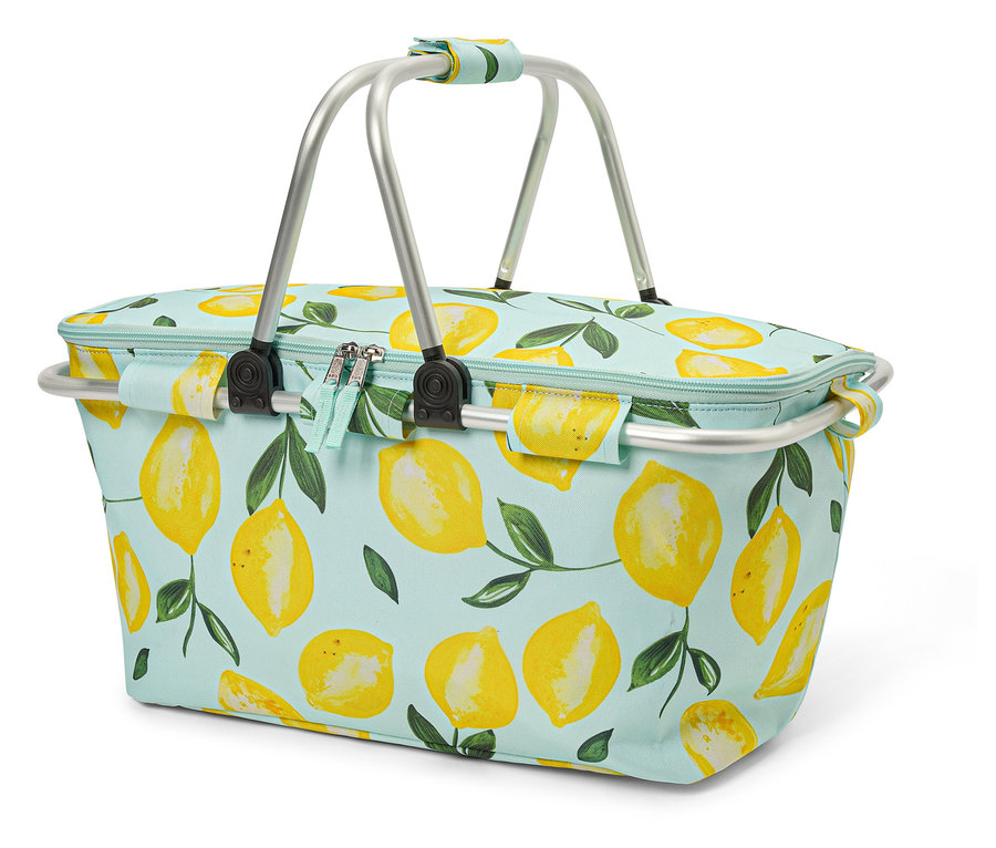 Eine Kühlkorb-Tasche mit Reißverschluss und Zitronenmuster steht auf einem weißen Hintergrund.