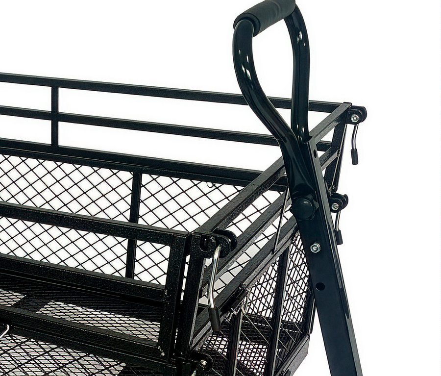 Detailansicht eines schwarzen Metall-Gartenwagens mit Gitterbett und Griff.