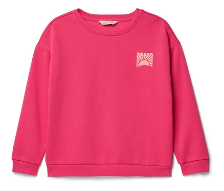Ein pinkfarbener Pullover mit einem Sonnenaufgang-Logo auf der Brust.