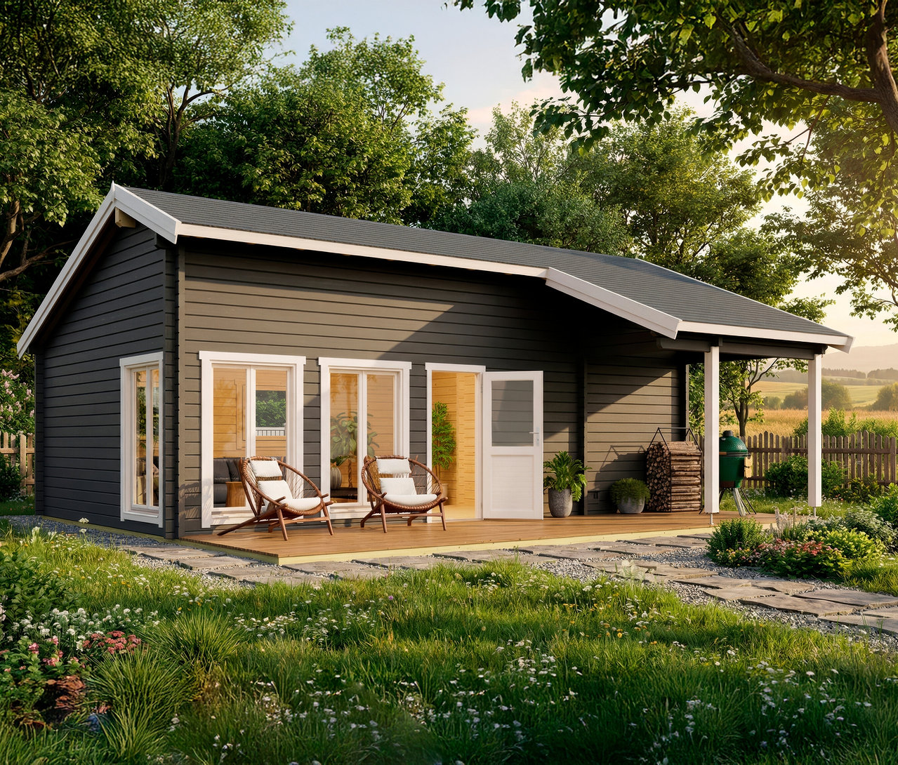 Ein graues Holzhaus mit weißen Fenstern und einer Veranda mit zwei Stühlen im Garten.