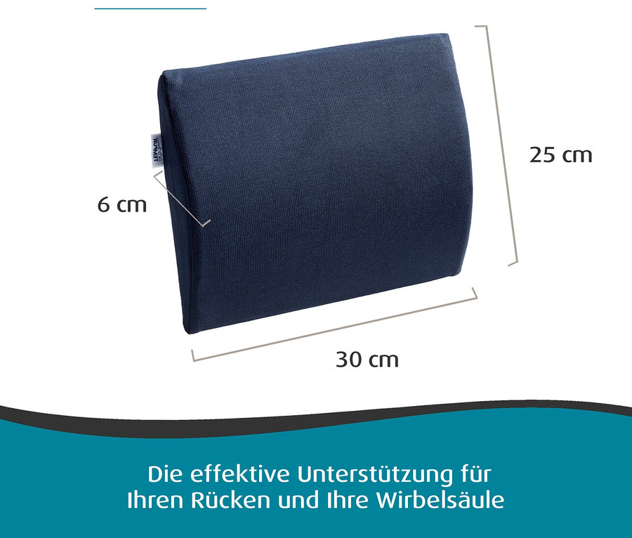 Das blaue TEMPUR Transit Lordosekissen liegt auf einer weißen Oberfläche, mit Maßangaben von 6 cm, 30 cm und 25 cm.
