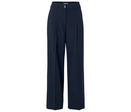 Marineblaue Stoffhose mit hohem Bund, weitem Bein und Bundfalten.