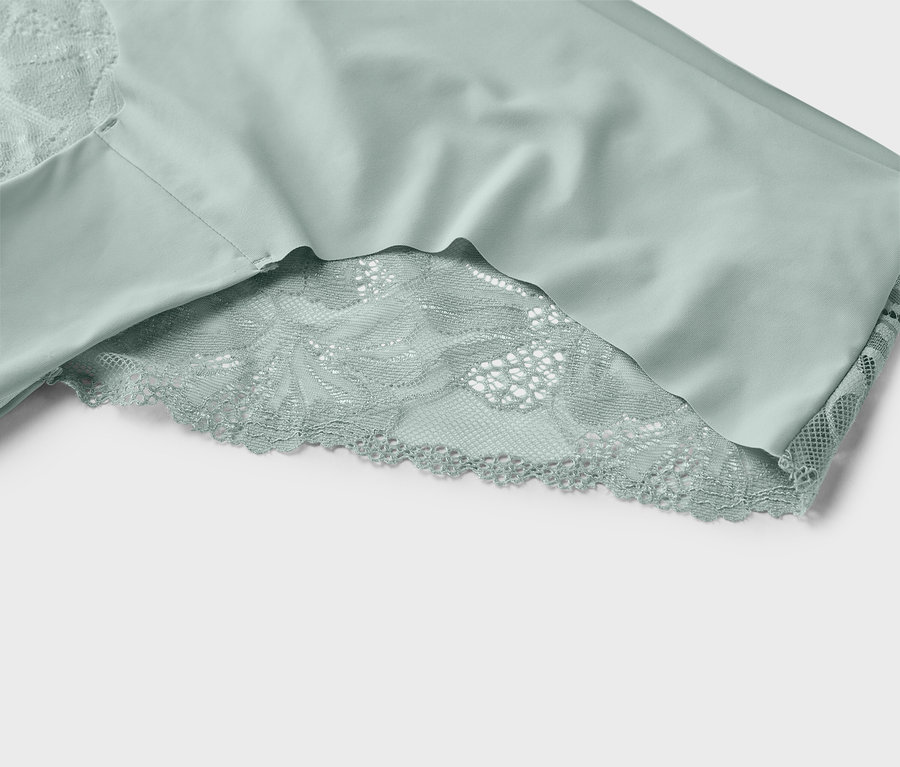 Nahaufnahme einer mintgrünen Unterwäsche mit Spitzendetails.