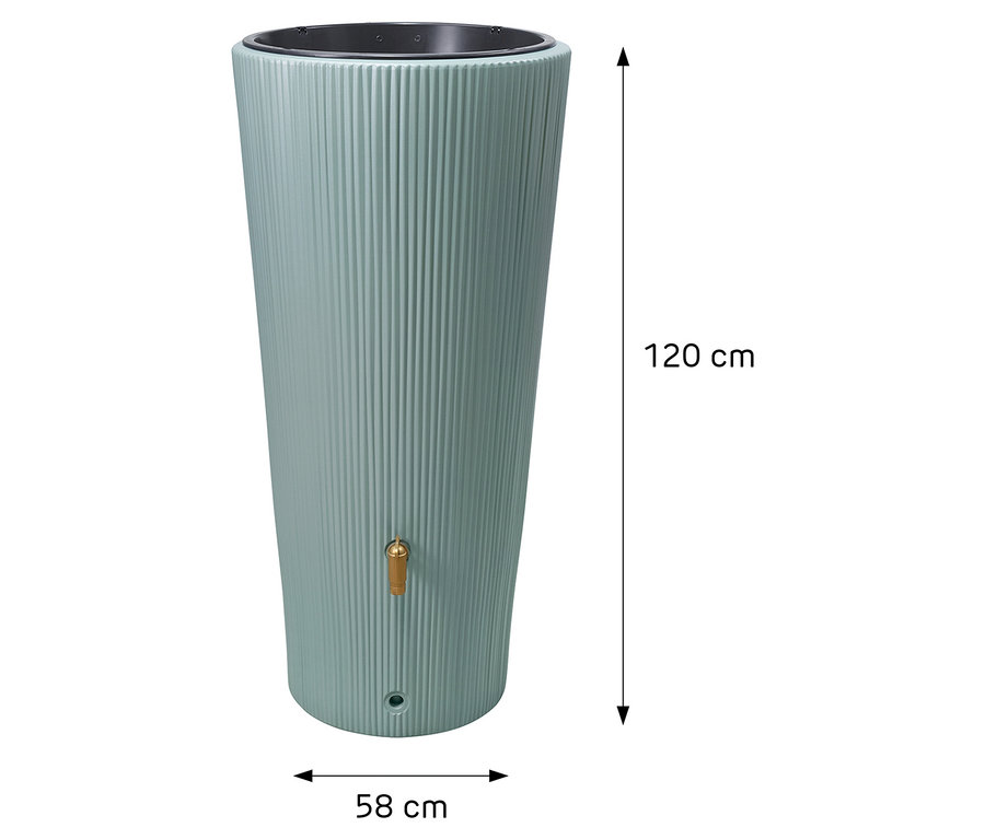 Abbildung einer hohen, schlanken, hellblaugrünen Regentonne mit vertikalen Rillen, einem goldenen Wasserhahn und Maßangaben: 120 cm hoch, 58 cm breit.