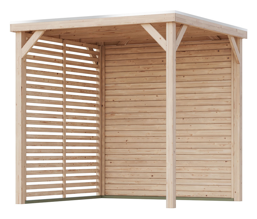 Holzkonstruktion mit Lamellenwand und Dach