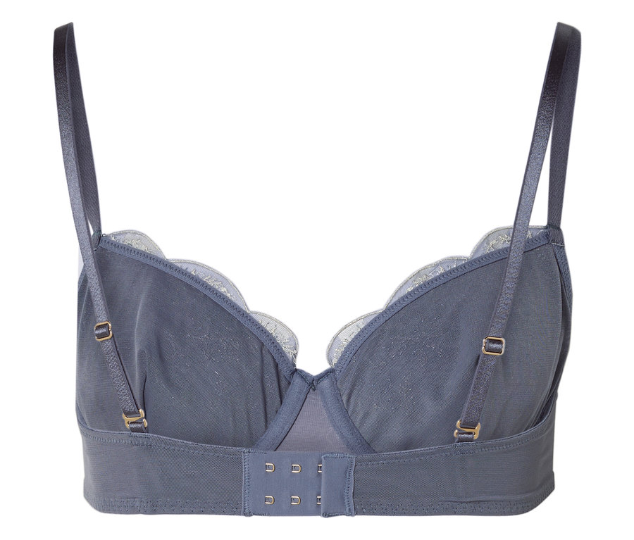 Nahaufnahme der Rückseite eines blauen BHs mit weißen Spitzen.