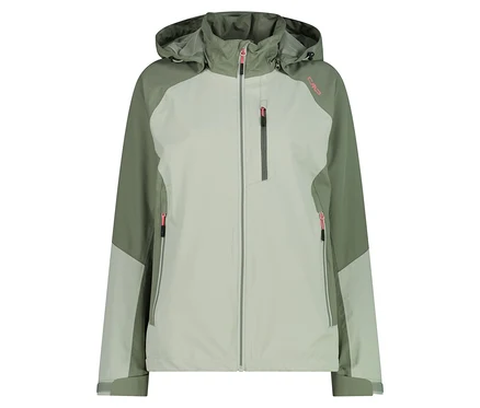 Eine hellgrüne und olivgrüne CMP-Jacke mit Kapuze ist vor einem weißen Hintergrund zu sehen.