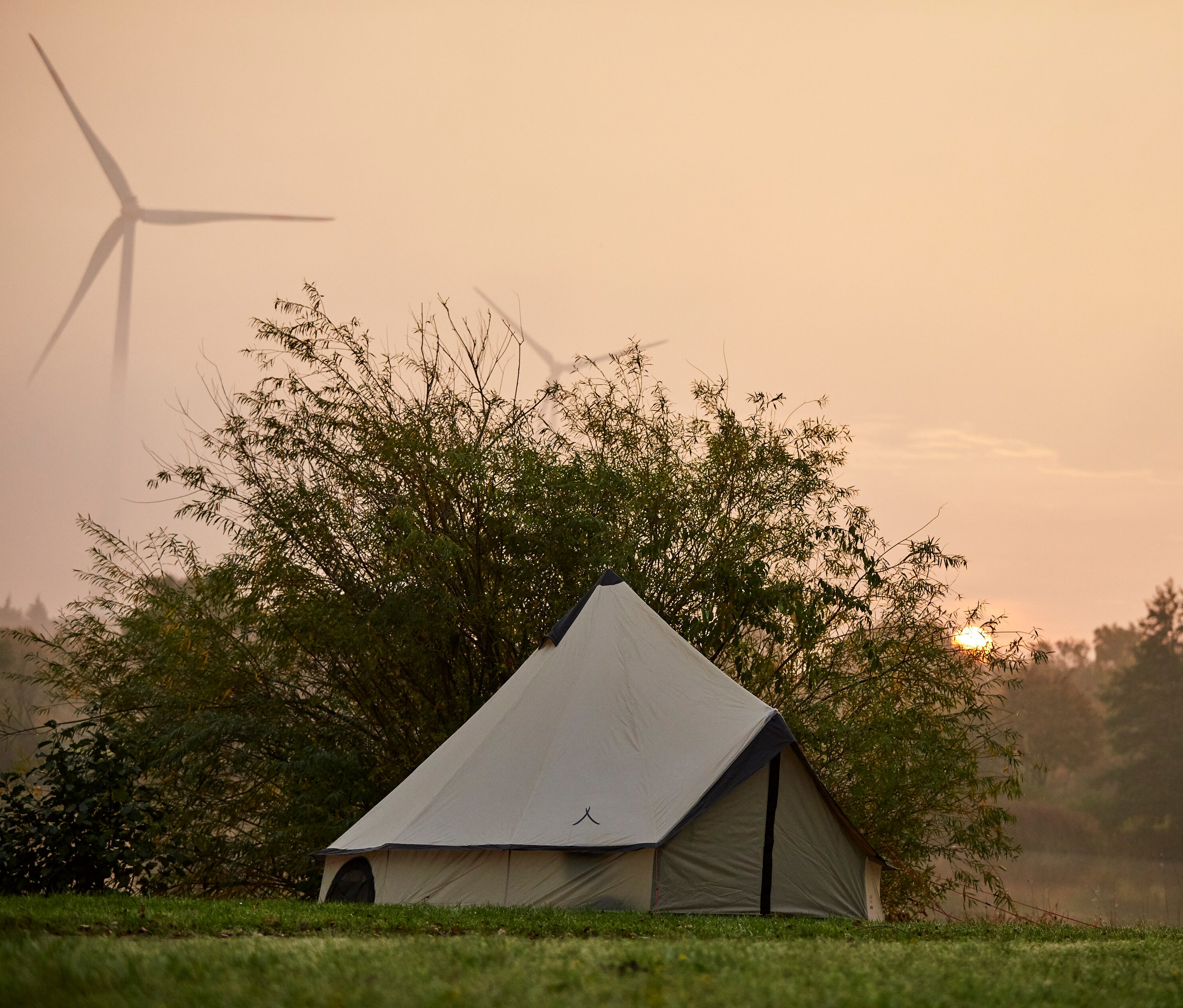 Ein Zelt steht auf einer Wiese, im Hintergrund Windräder im Morgenlicht.