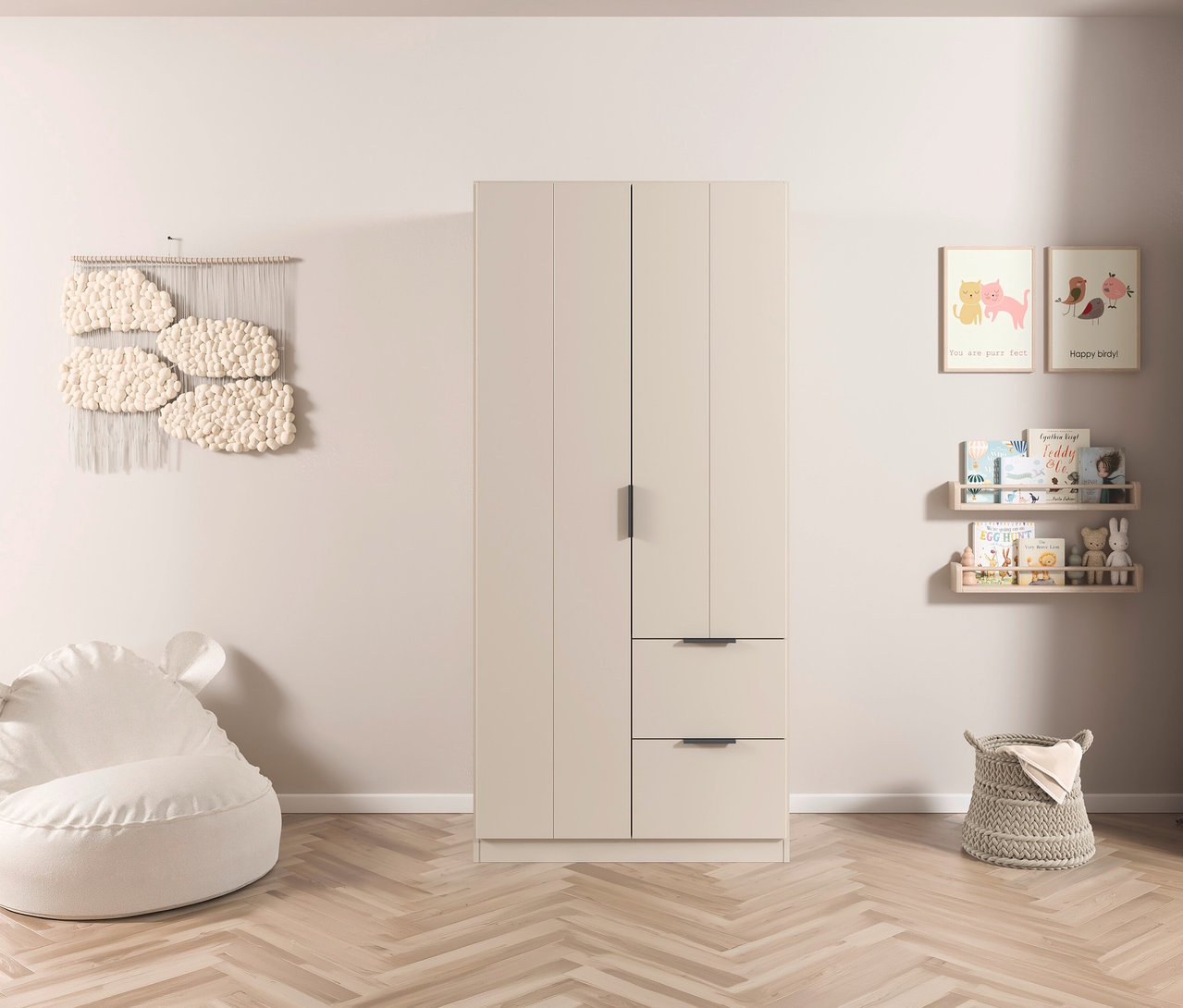 Beiger Kleiderschrank mit zwei Schubladen in einem Kinderzimmer mit Dekorationen und Spielzeug.