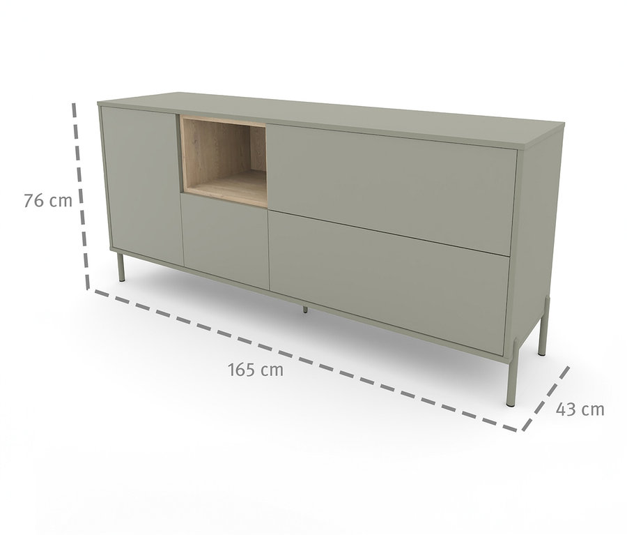 Salbeigrünes Sideboard »Hygge« mit einer Tür und offenem Fach steht auf Füßen. Maße sind eingeblendet.