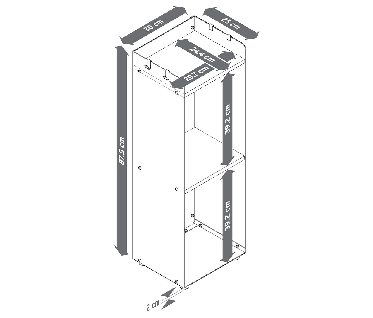 Abbildung eines hohen Kaminholzregals mit Ablagefläche und Maßangaben.