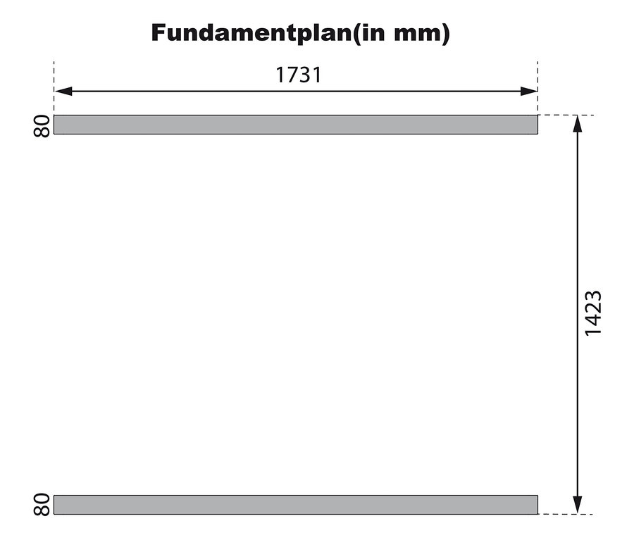 Fundamentplan (in mm) für Karibu Fasssauna »Nadi 1« mit horizontalen Linien oben und unten, verbunden durch vertikale Linien.