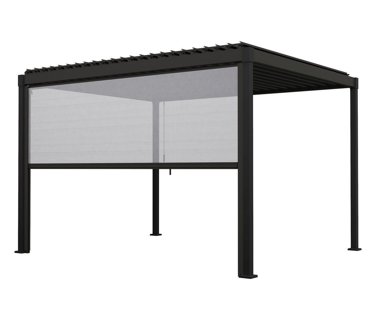 Schwarze Pergola mit heruntergelassenem Rollo.