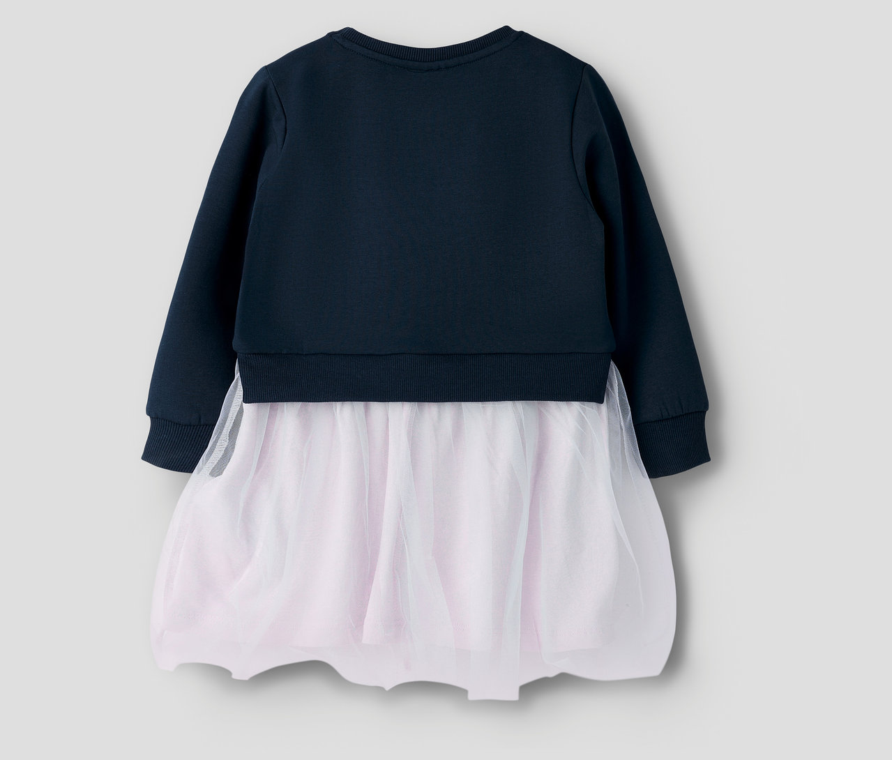 Detailansicht des marineblauen NAME IT Sweatkleids mit Tüllrock.