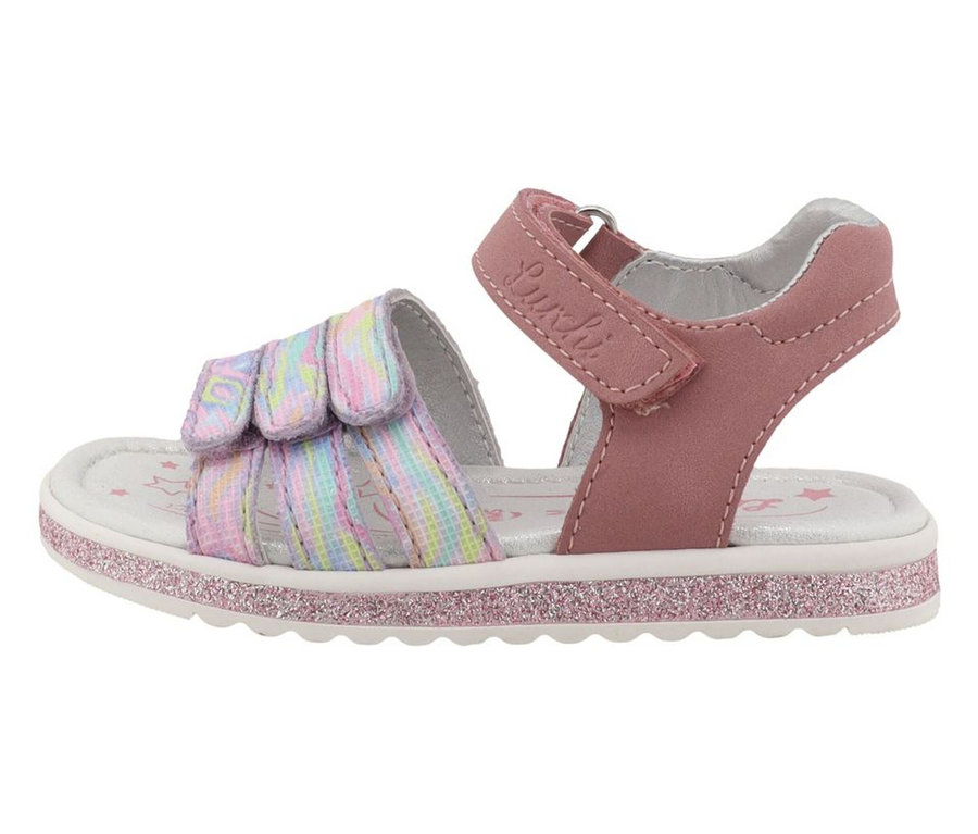 Eine einzelne LURCHI Mädchen-Sandale »Cimbaly 2« in Rosa mit bunt gestreiftem Vorderriemen, Klettverschlüssen und glitzerndem rosa Sohlenrand.