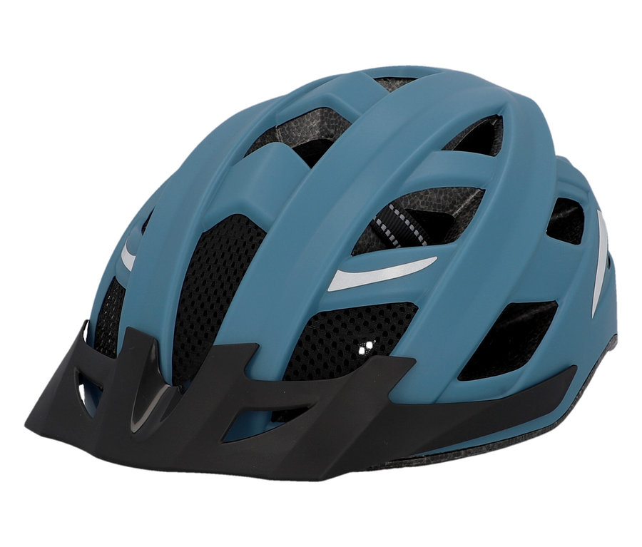 Nahaufnahme eines blauen FISCHER Fahrradhelm Urban PLUS Chicago, mit schwarzem Visier und Belüftungsöffnungen.