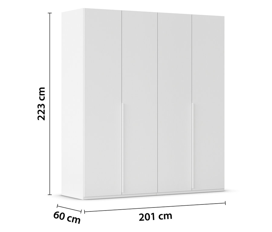 Weißer Kleiderschrank mit vier Türen, 223 cm hoch, 201 cm breit und 60 cm tief.