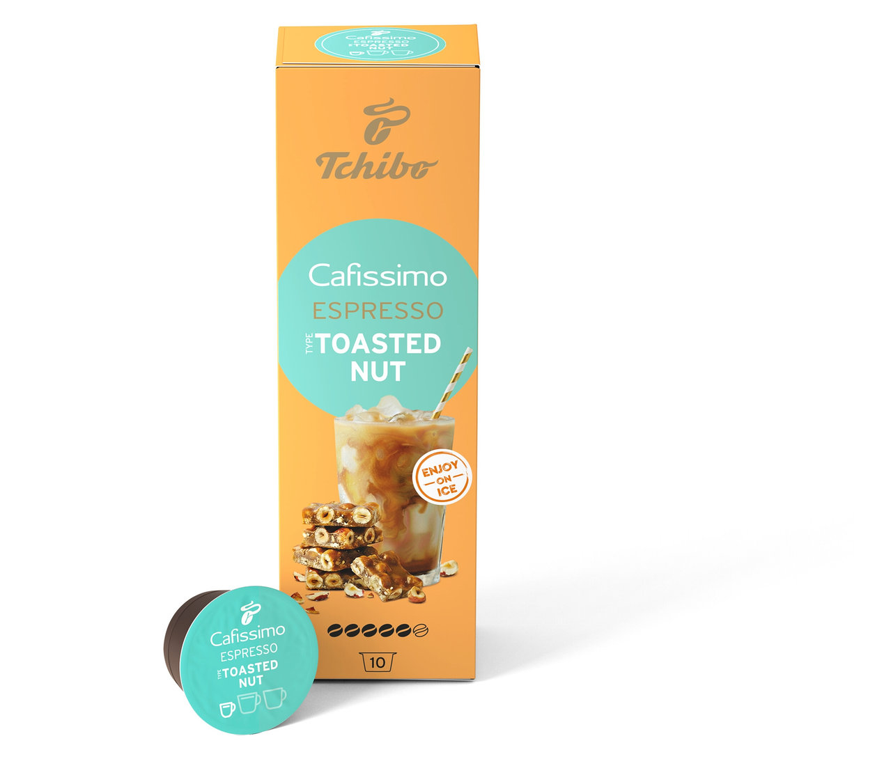Eine Packung Cafissimo Flavoured Espresso Toasted Nut - 10 Kapseln und eine Kapsel liegen vor weißem Hintergrund.