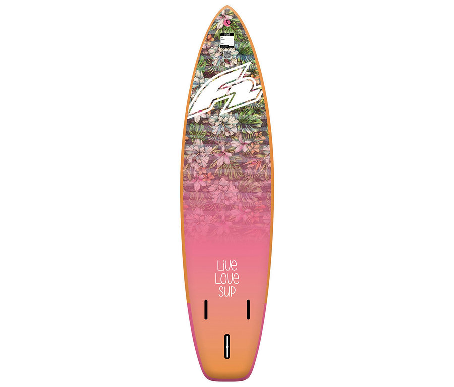 Das F2 SUP Board »Happiness« (Board only) mit Blumenmuster und Farbverlauf von Pink zu Orange ist vertikal ausgerichtet.