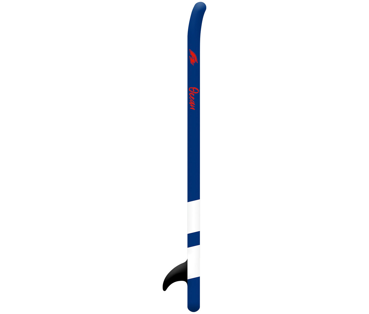 Blaues F2 SUP Board »Ocean Boy« mit weißem Streifen und rotem Logo steht aufrecht.