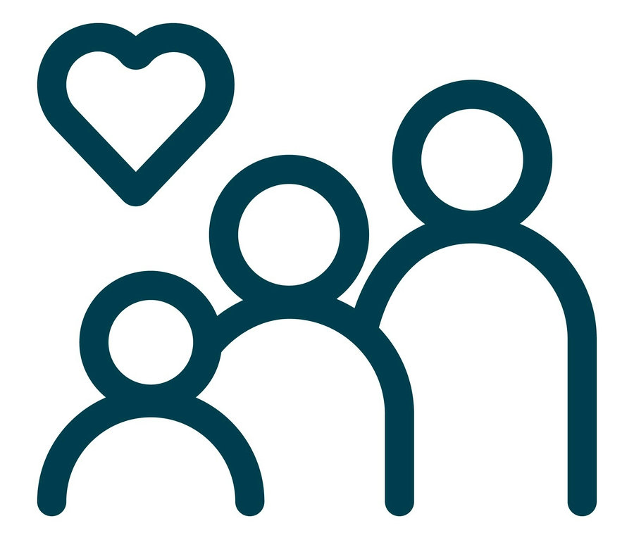 Drei stilisierte Personen und ein Herz, die ein FLEX FAMILY SIM-Paket darstellen.