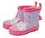Paar lila Kindergummistiefel mit Einhornmotiv und pinkfarbener Sohle stehen nebeneinander.