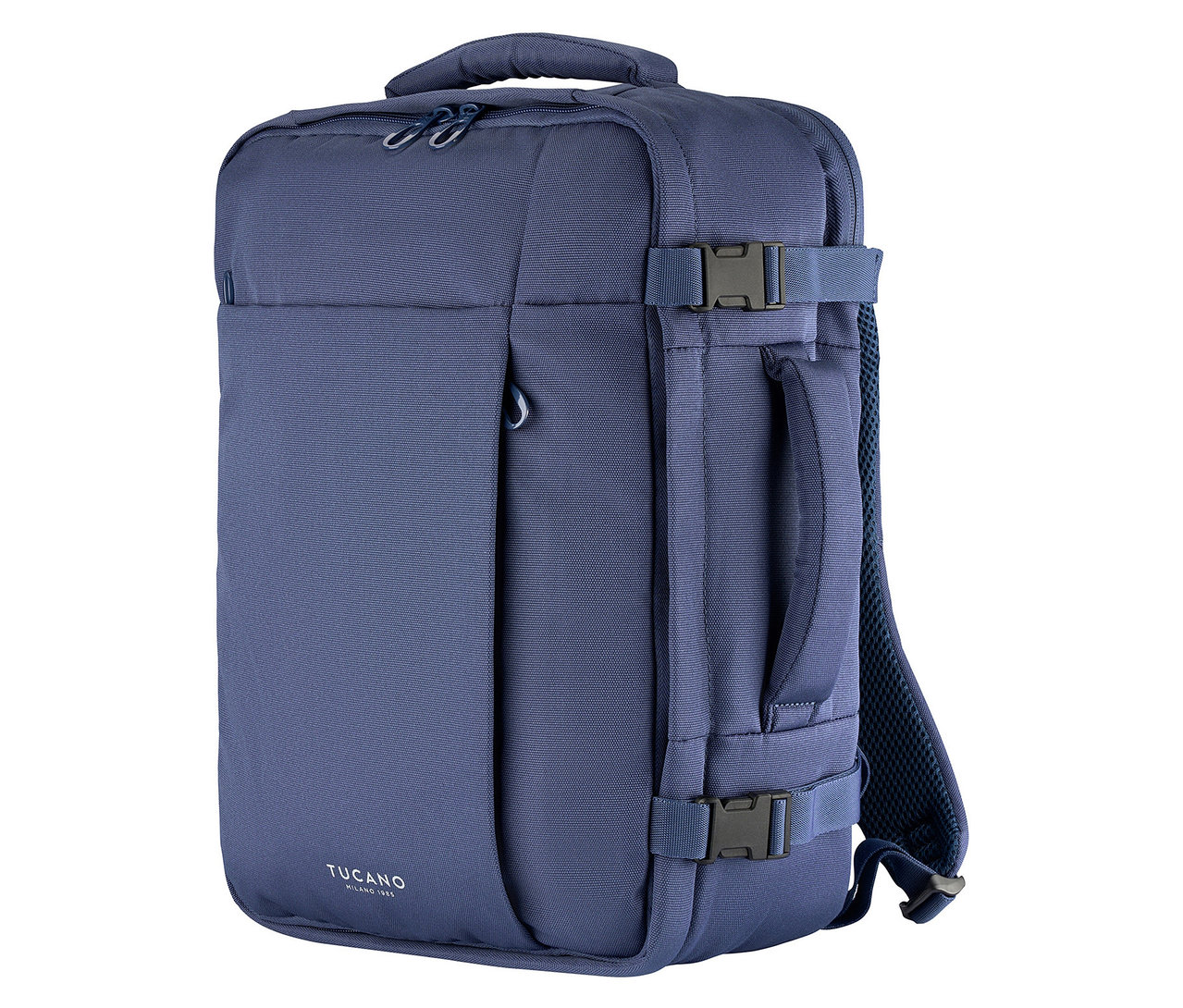 Blauer Tucano TUGO Kabinenrucksack mit Laptopfach, mit Tragegriff und Schultergurten, stehend.