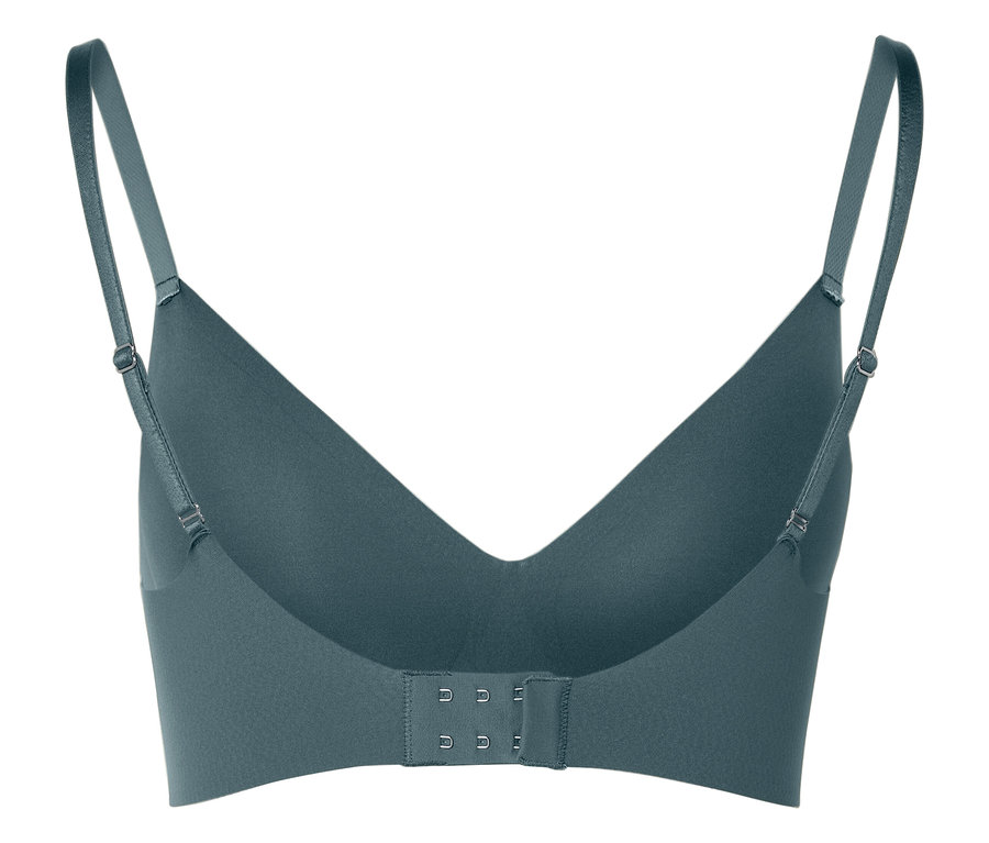 Rückansicht eines grünen BHs mit verstellbaren Trägern und Hakenverschluss.