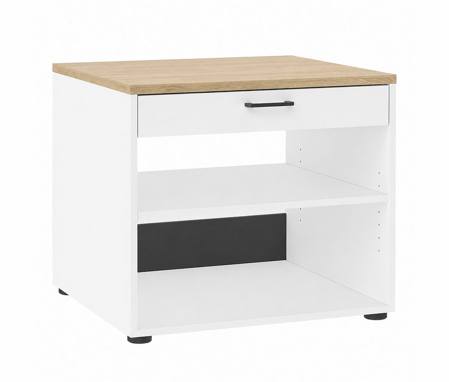 Weißer Schrank mit heller Holzplatte, einer Schublade mit schwarzem Griff und zwei offenen Fächern. Eine schwarze Rückwand ist im mittleren Fach sichtbar.