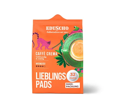 Orangefarbene Packung Eduscho Lieblingspads Caffè Crema mit Tierbildern und einer Tasse Kaffee.