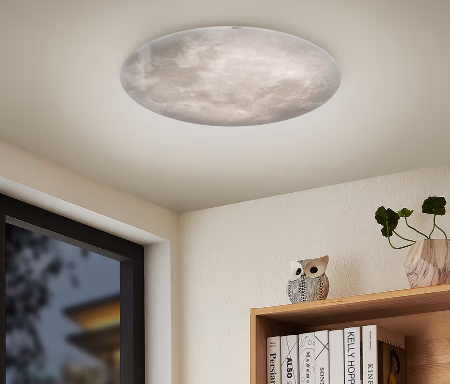 Eine runde Deckenleuchte mit Mondoberflächenstruktur beleuchtet eine weiße Decke. Darunter ein Fenster und ein Holzregal mit Büchern, einer Eulenskulptur und einer kleinen Pflanze.