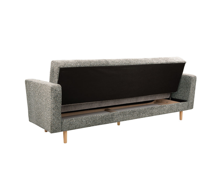 Taupefarbenes 3-Sitzer Schlafsofa Janny von hinten, die hochgeklappte Rückenlehne zeigt die schwarze Unterseite und den Holzrahmen.