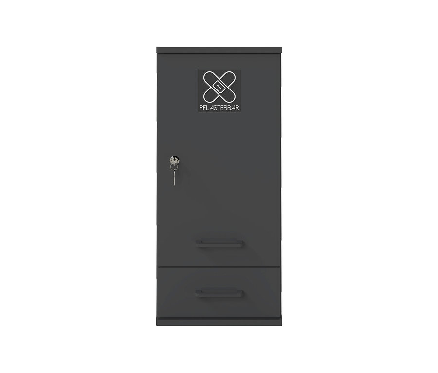 Anthrazitfarbener Medizinschrank Galeno mit einer Tür, einem Schlüssel im Schloss, zwei Schubladen und dem PFLASTERBÄR-Logo.