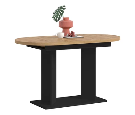 Ovale xonox Esstisch »Victor« mit schwarzem Gestell und holzfarbener Platte, darauf eine rosa Vase mit grünem Blatt, eine weiße Tasse und rosa Macarons.