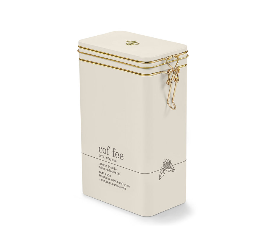 Eine cremefarbene Kaffeedose, coffee dictionary mit der Aufschrift coffee und goldenen Details.