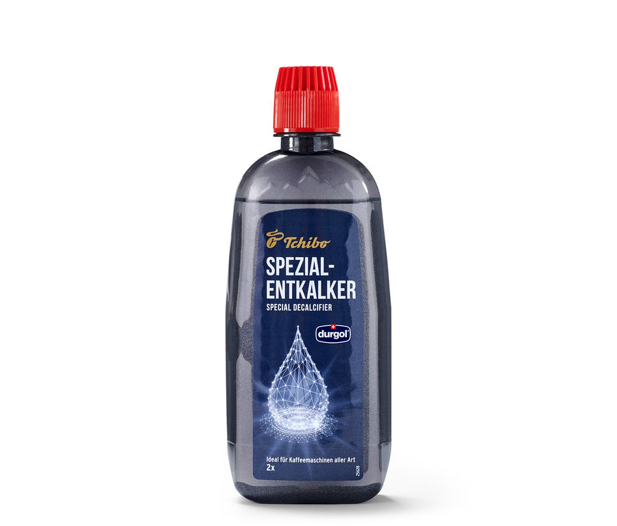 Eine Flasche durgol® Spezial-Entkalker, 400 ml, mit rotem Verschluss steht auf einem weißen Hintergrund.