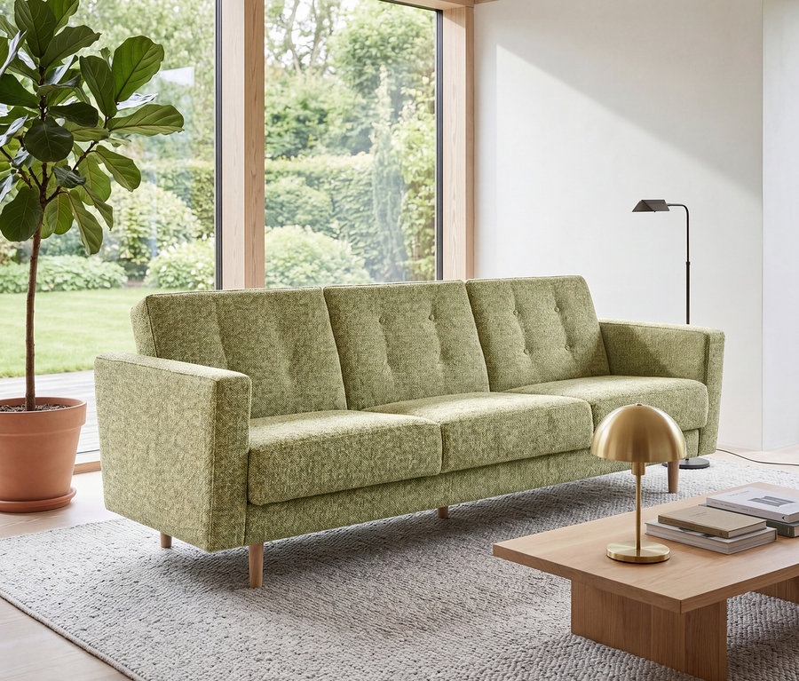 Hellgrünes 3-Sitzer Schlafsofa Janny in einem Wohnzimmer mit Holztisch, Pflanze und Fenster zum Garten.