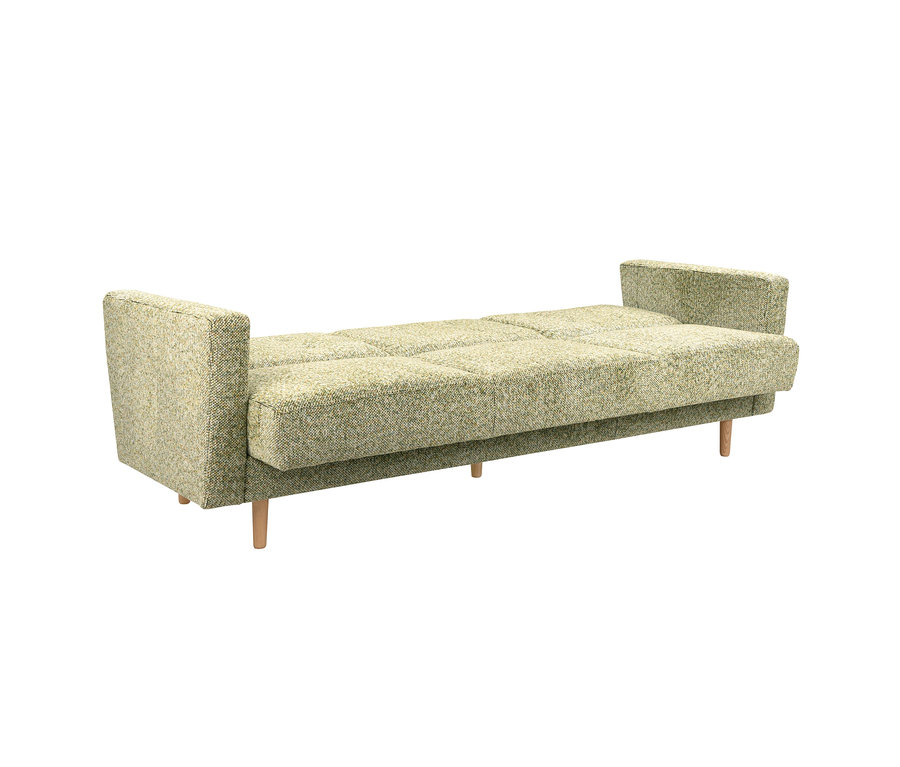 Hellgrünes 3-Sitzer Schlafsofa Janny mit strukturierter Oberfläche, gesteppten Kissen und Holzfüßen.