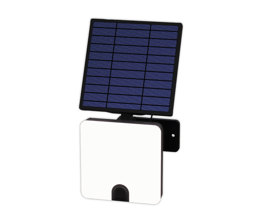 Eine weiße Solar-LED-Leuchte mit einem blauen Solarpanel oben und einem schwarzen Sensor unten.