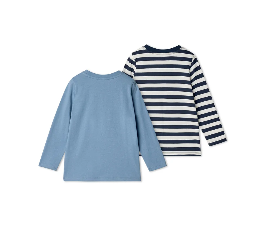 Zwei langärmelige Shirts, von hinten gesehen. Eines ist hellblau, das andere gestreift in Dunkelblau und Weiß.
