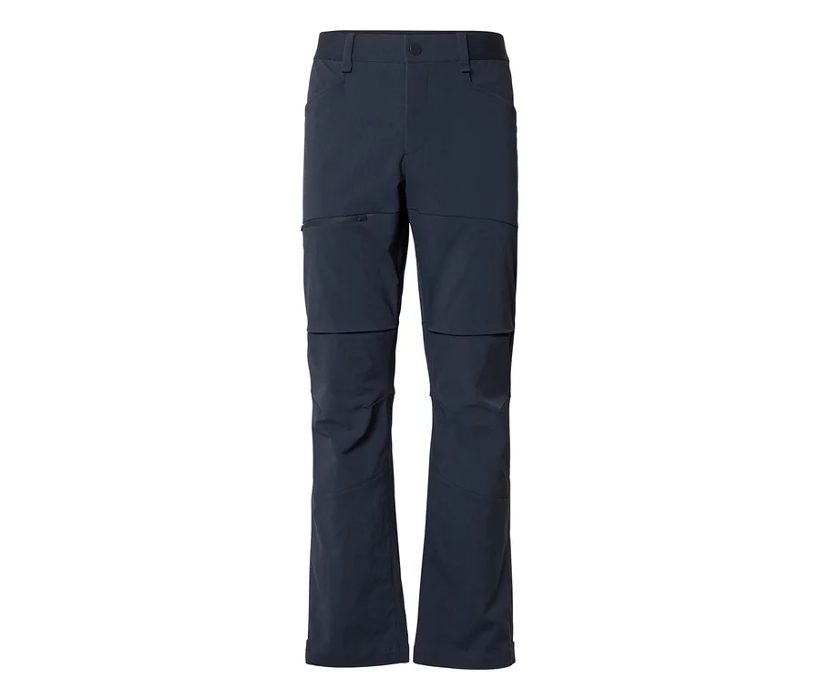 Dunkelblaue, wandelbare Outdoor-Hose mit Reißverschlussbeinen und einer Reißverschlusstasche am linken Oberschenkel.