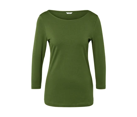 Ein grünes Langarmshirt mit Rundhalsausschnitt.
