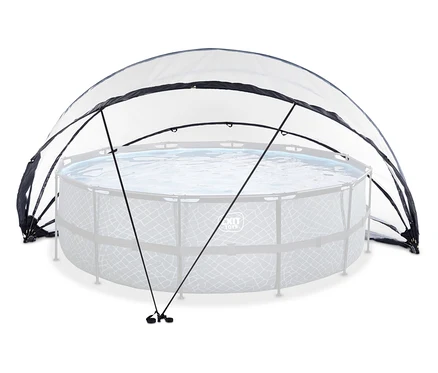 Ein runder Aufstellpool mit Metallrahmen und Wasser, bedeckt von einer transparenten, kuppelförmigen Abdeckung mit schwarzem Stoffrand und schwarzen Stützstangen.