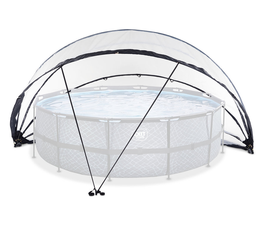 Ein runder Aufstellpool mit Metallrahmen und Wasser, bedeckt von einer transparenten, kuppelförmigen Abdeckung mit schwarzem Stoffrand und schwarzen Stützstangen.
