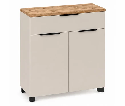 Helles beiges Sideboard mit einer hellen Holzmaserungsplatte, einer oberen Schublade und zwei unteren Türen, alle mit schwarzen horizontalen Griffen, stehend auf kurzen schwarzen Füßen.