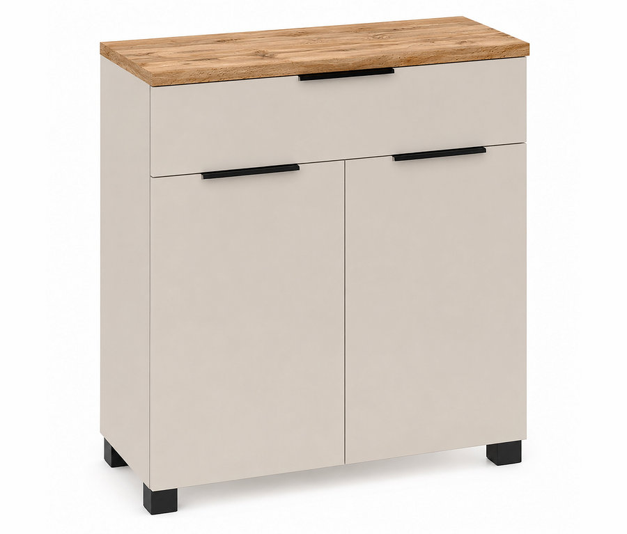 Helles beiges Sideboard mit einer hellen Holzmaserungsplatte, einer oberen Schublade und zwei unteren Türen, alle mit schwarzen horizontalen Griffen, stehend auf kurzen schwarzen Füßen.